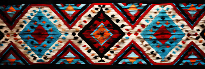 Traditional Turkish kilim fabric background featuring geometric symmetry and vibrant colors 