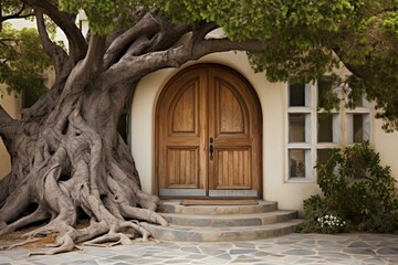 An entrance featuring a tree nestled amidst an open doorway. Generative AI