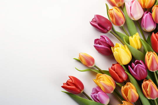Bouquet of orange tulips on white background with copy space