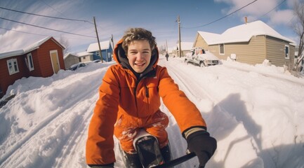 a man sledding in the snow with safety gear on, in the style of fish-eye lens, youthful energy, smilecore, desertwave, soggy, #vfxfriday, hyper-realistic water