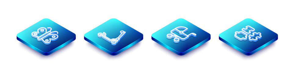 Set Isometric line Butterfly, Roller scooter, Baby stroller and Puzzle pieces toy icon. Vector
