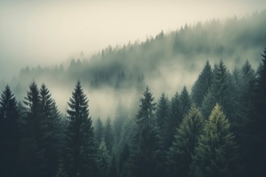 A misty forest with an abundance of trees creating a serene and magical atmosphere © Marius