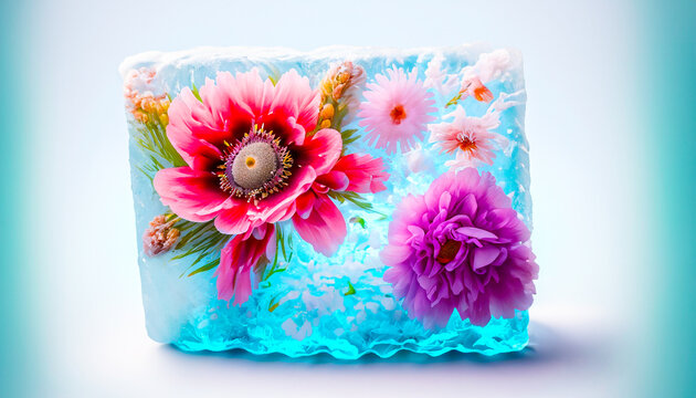 Sch&ouml;ne Blumen und ein Klecksobjekt, das in einem Eisblock eingefroren ist