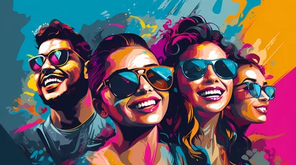Poster Expressive portraits of young people laughing at each other, illustration in pop art style, diversity among people, friendship, cooperation © PhotoHunter