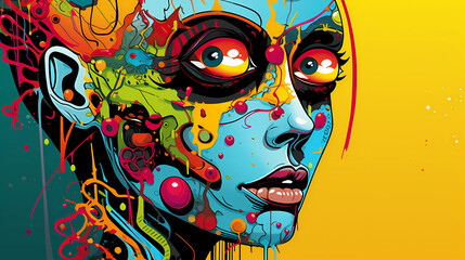 Humanoid portrait in pop art style, protruding eyes, modern color combination, technology and art