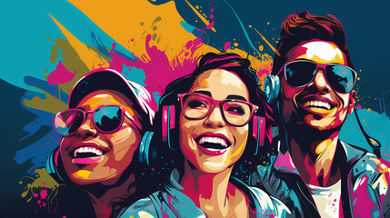 Group of friends smiling, people in pop art style, illustration of diversity of people