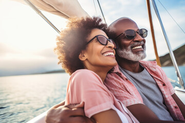 An elderly black couple sits in a boat or yacht against the backdrop of the sea. Happy and smiling people. A trip on a sailing yacht. Sea voyage, active recreation. Love and romance of older people - obrazy, fototapety, plakaty