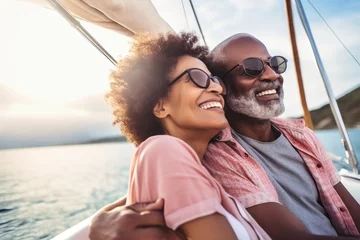 Fotobehang An elderly black couple sits in a boat or yacht against the backdrop of the sea. Happy and smiling people. A trip on a sailing yacht. Sea voyage, active recreation. Love and romance of older people © Anoo