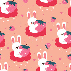 seamless pattern cartoon bunny holding a strawberry on a pink cloud. cute animal wallpaper illustration for gift wrap paper