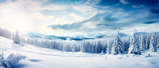 Snowy winter landscape. panorama of glade and forest with mountains view. Winter holidays illustration. Scenery background . Generative ai