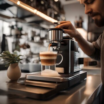 A coffee shop scene with a barista pouring a latte with a leaf-shaped foam design1