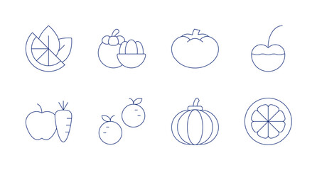 Fruits icons. Editable stroke. Containing cherry, dry, lemon, mangosteen, nutrition, orange, pumpkin, tomato.