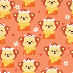 seamless pattern cartoon monkey wearing scarf and flower crown. cute animal wallpaper illustration for gift wrap paper