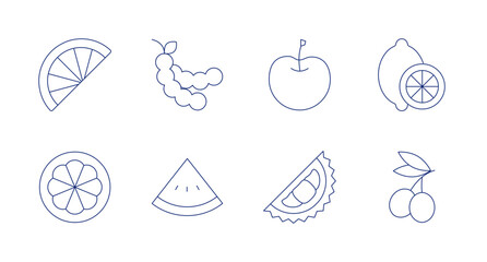 Fruits icons. Editable stroke. Containing lime, orange, tamarind, watermelon, cherry, durian, lemon, olive.