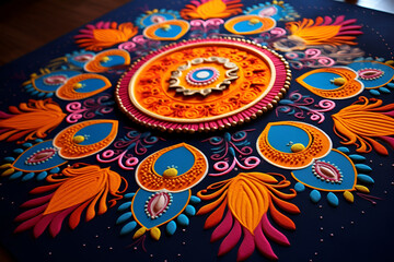 Stunning colorful rangoli design on the floor