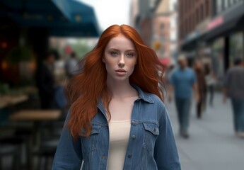 Fototapeta premium Red hair street fashion. Model pretty. Generate Ai