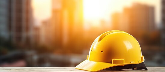 Workman s yellow safety helmet for construction site with concrete flooring in the city emphasizing safety for engineers or workers safety first with copyspace for text - obrazy, fototapety, plakaty