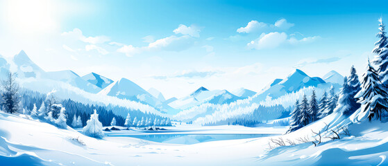 Fototapeta na wymiar Winter holidays illustration. Scenery background with snowy trees, lake, mountains. Panoramic view forest and meadow landscape. Christmas Greeting card. Generative ai