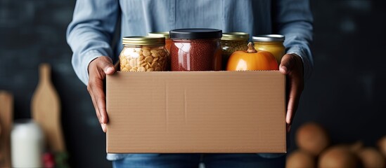 Volunteer showcasing a donation box related to food awareness and charity with copyspace for text