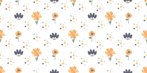 Decorative floral print, pattern. Printing on textiles and paper. Decor with wildflowers and colorful circles and dots.
