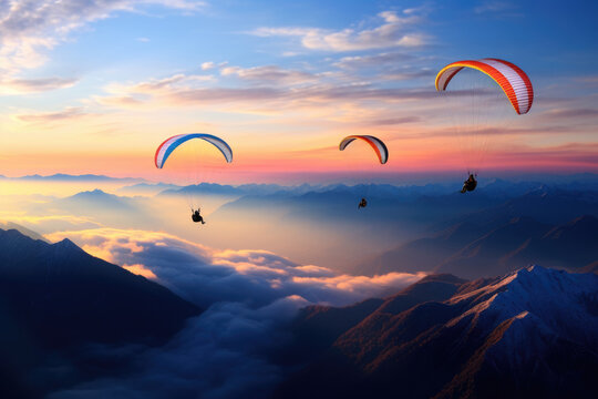 paragliding adventure flying with friends on mountain background at sunset