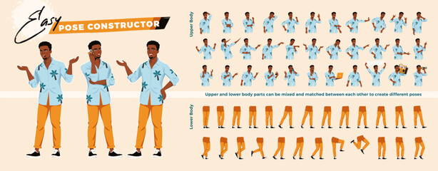 African american man, Hawaiian shirt handsome black boy character easy pose constructor. Tropical tourist travel blogger drag drop set, male body match figure building. Vector cartoon construction kit
