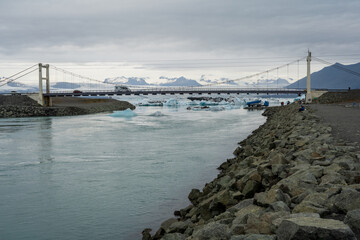 The bridge at Diamond Beach and Jökulsárlón glacier lagoon in Iceland
