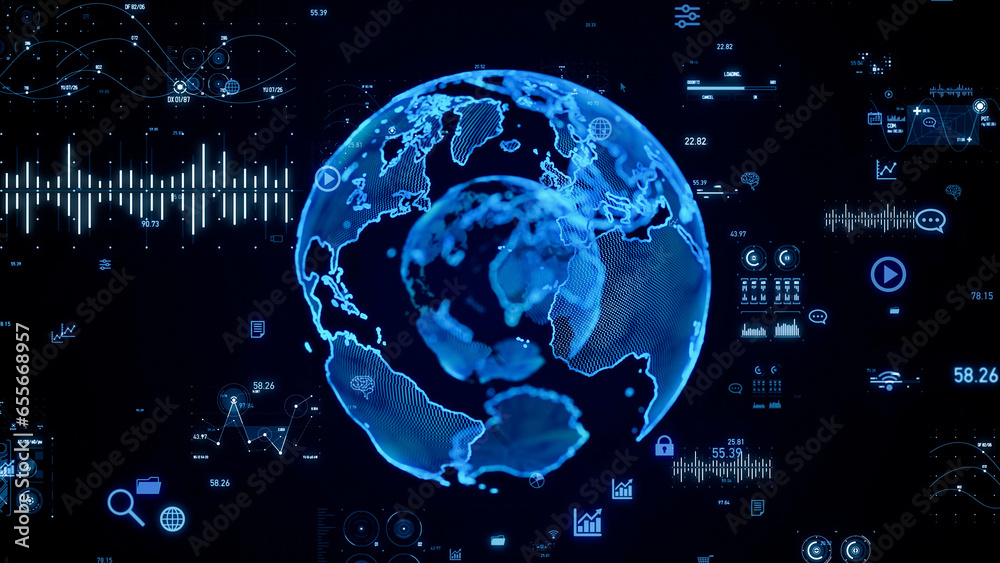 Poster global communication network concept. planet earth in cyberspace.