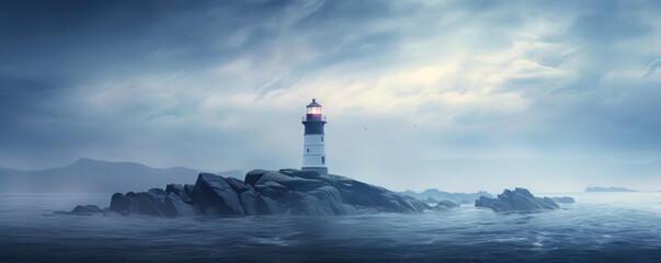 lighthouse seascape in mystic fog at night - Powered by Adobe