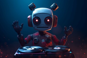 Robot DJ. Party neon podcast. Generate Ai
