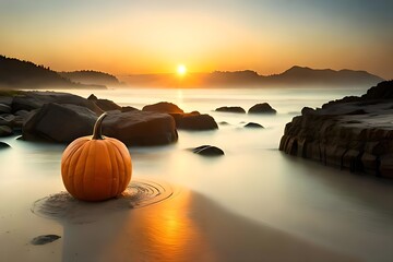 Halloween - Kürbis am Strand bei Sonnenuntergang - obrazy, fototapety, plakaty