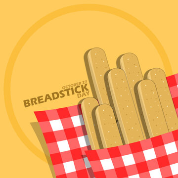 Several Breadstick with red checkered cloth and bold text in circle frame on light brown background to celebrate National Breadstick Day on October