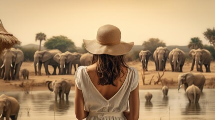 Young woman in savannah with elephants - obrazy, fototapety, plakaty
