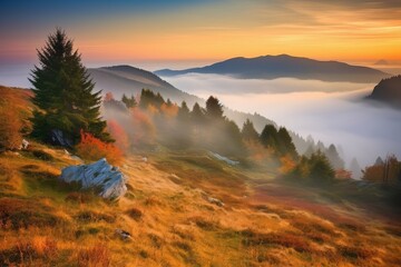 Fototapeta premium A majestic sunset over misty mountains