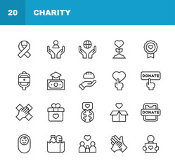 Charity and Donations Line Icons. Editable Stroke. Contains such icons as Community, Disability, Education, Environment, Family, Food, Giving Money, Healthcare, Helping Hand.