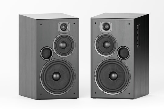 High quality loudspeakers.Buy dj equip in music store. Hifi sound system in shop for sound recording studio.Professional hi-fi cabinet speaker box pair. Consumer electronics for tabletop usage.