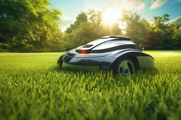 Nature lighting of automatic robot lawn mower on green grass in background of summer forest. Lifestyle concept of daily life and environment. - obrazy, fototapety, plakaty