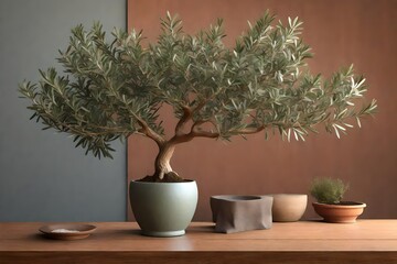 A photorealistic 3D rendering of a potted olive tree sitting on top of a wooden table.