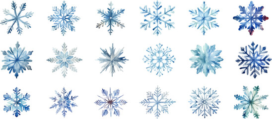 Set watercolor Christmas snowflakes on white background.