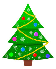 Christmas tree. Brightly decorated New Year's tree. Flat illustration on transparent background. Vector illustration