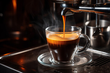 macro shot, espresso with foam in a steel cup. ai generative
