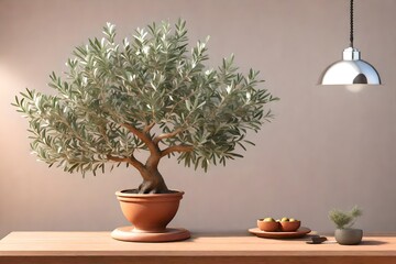 A photorealistic 3D rendering of a potted olive tree sitting on top of a wooden table.