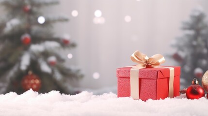 Festive Christmas New Year background with surprise box. Holiday Christmas gift box