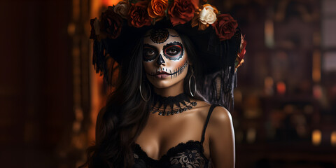 Fototapeta premium Portrait of a woman sugar skull makeup in a Gothic Halloween costume on dark background, Katrina Girl, Day of the dead, Skeleton head, Mexican festival