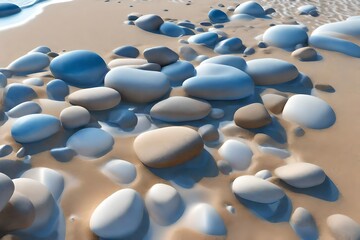 Fototapeta na wymiar A photorealistic 3D rendering of a bunch of rocks in the sand by the water.