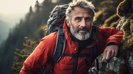 Fototapeta premium Ein lebensfroher älterer Mann beim Wandern - Ausdruck von Lebensfreude, Durchhaltewillen und Erfolg in der Natur - AI-generiert