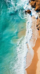 Stoff pro Meter Epische Luftaufnahme zeigt türkisblaues Wasser und hellen Strand von oben - Naturschönheit und wilde Brandung vereint. - Ai-Generiert © Infini Craft