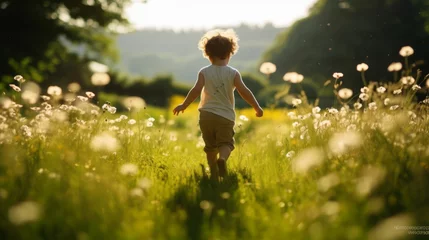 Fotobehang Ein kleiner Junge läuft durch eine herbstliche Blumenwiese - pure Freude und ökologische Naturschönheit erleben - AI-generiert © Infini Craft