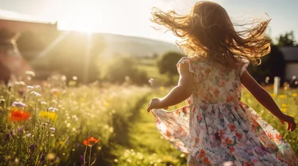 Foto op Plexiglas Ein freudiges kleines Mädchen läuft durch eine herbstliche Blumenwiese - pure Freude und ökologische Naturschönheit erleben - AI-generiert © Infini Craft