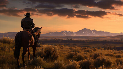 rear view of a cowboy and a horse against a background of sunset. ai generative - obrazy, fototapety, plakaty